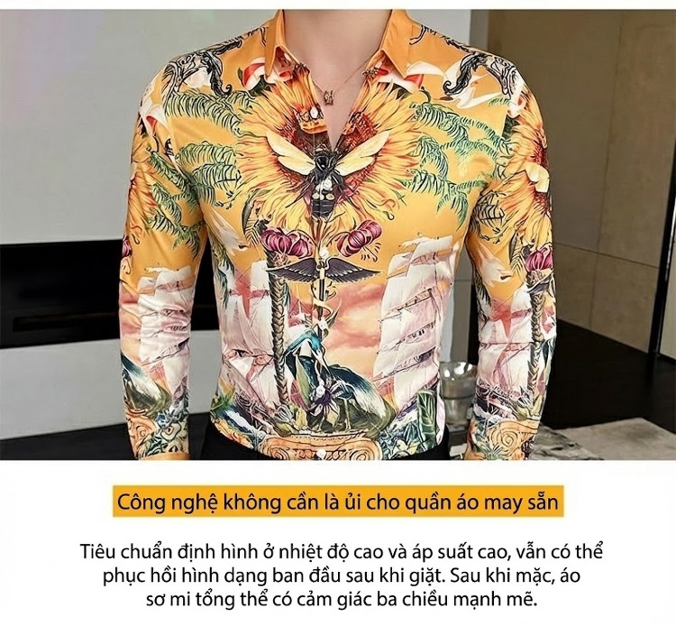 Áo Sơ Mi Nam Tay Dài In Họa Tiết Phong Cách Cá Tính Màu Vàng chi tiết 5