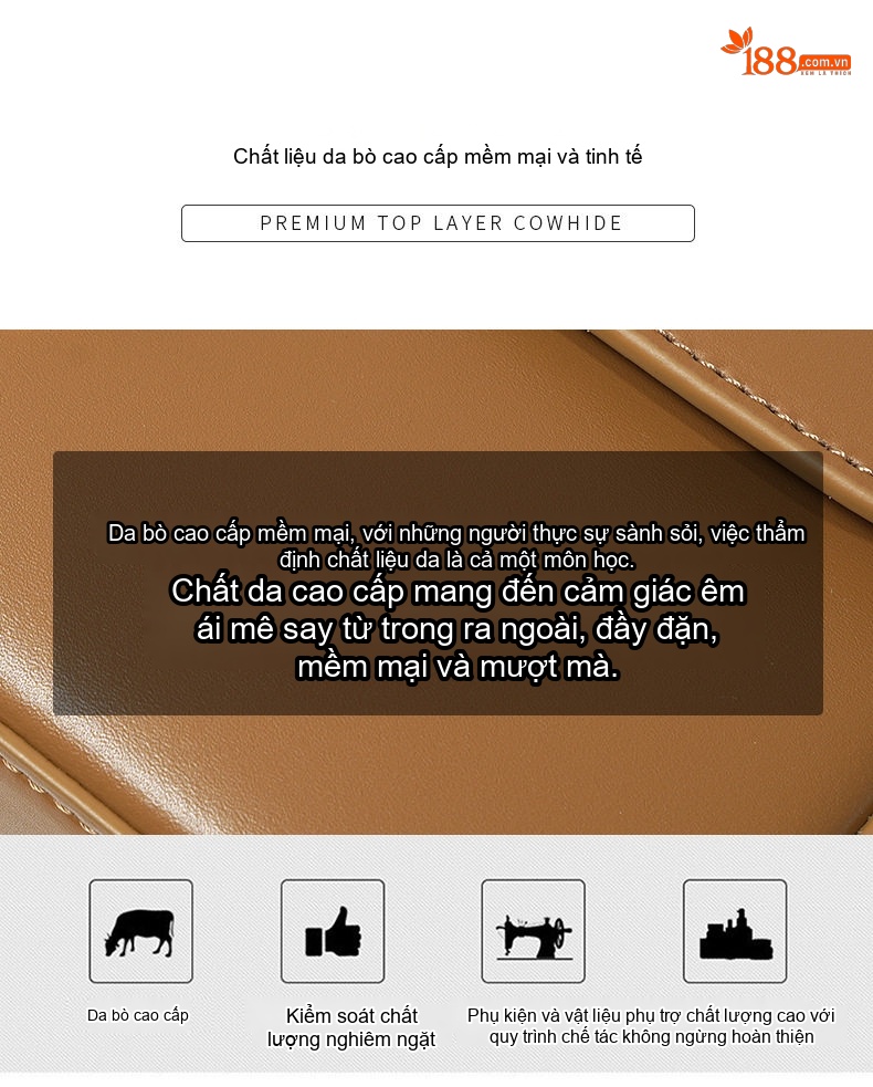 Túi Đeo Vai Nữ Da Bò Khóa Gài Cao Cấp, Túi Đeo Chéo Da Thật Màu Nâu, Đen, Kem, Xám chi tiết 5