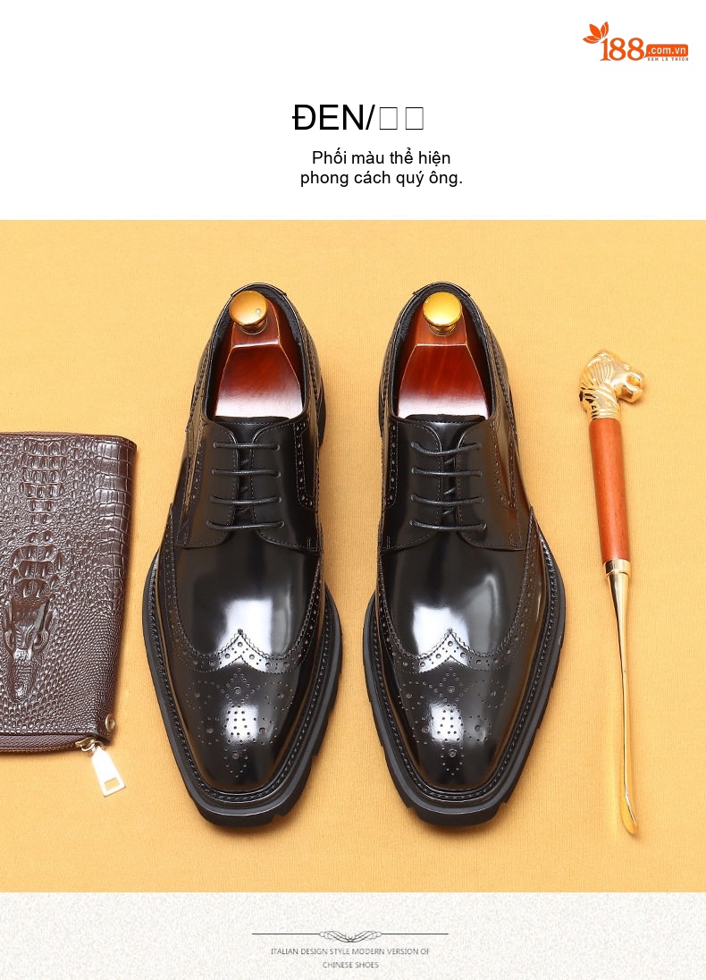 Giày Tây Buộc Dây Nam Da Bò Dập Vân Brogue Chiều Cao Đế Khoảng 3cm Màu Đen, Nâu chi tiết 11