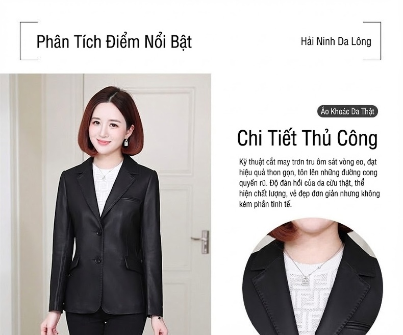 Áo Khoác Blazer Nữ Da Cừu Thật Dáng Ngắn Màu Đen chi tiết 3