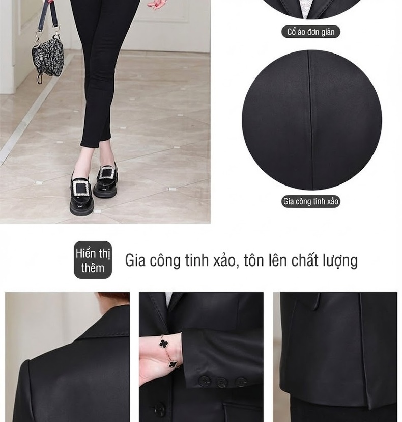 Áo Khoác Blazer Nữ Da Cừu Thật Dáng Ngắn Màu Đen chi tiết 4