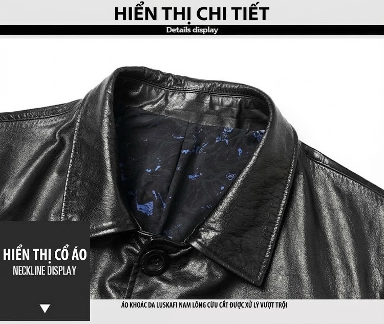 Áo Khoác Da Dài Nam Da Bò Dáng Áo Vest Cổ Bẻ Phong Cách Thời Trang Màu Đen chi tiết 7