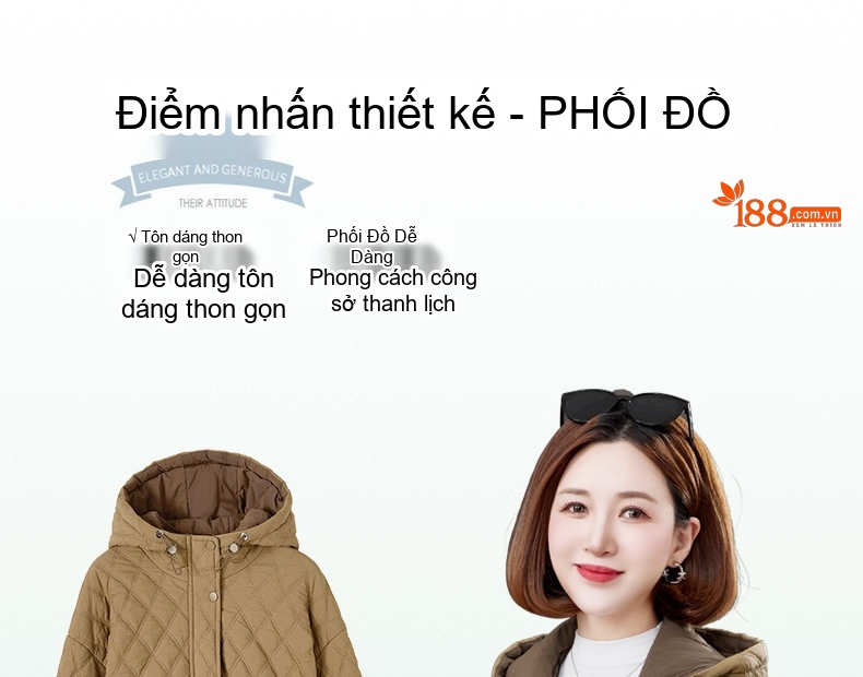 Áo Khoác Phao Nữ Trám Ô Nhỏ Dáng Ngắn Có Mũ Trùm Cotton Màu Be chi tiết 8