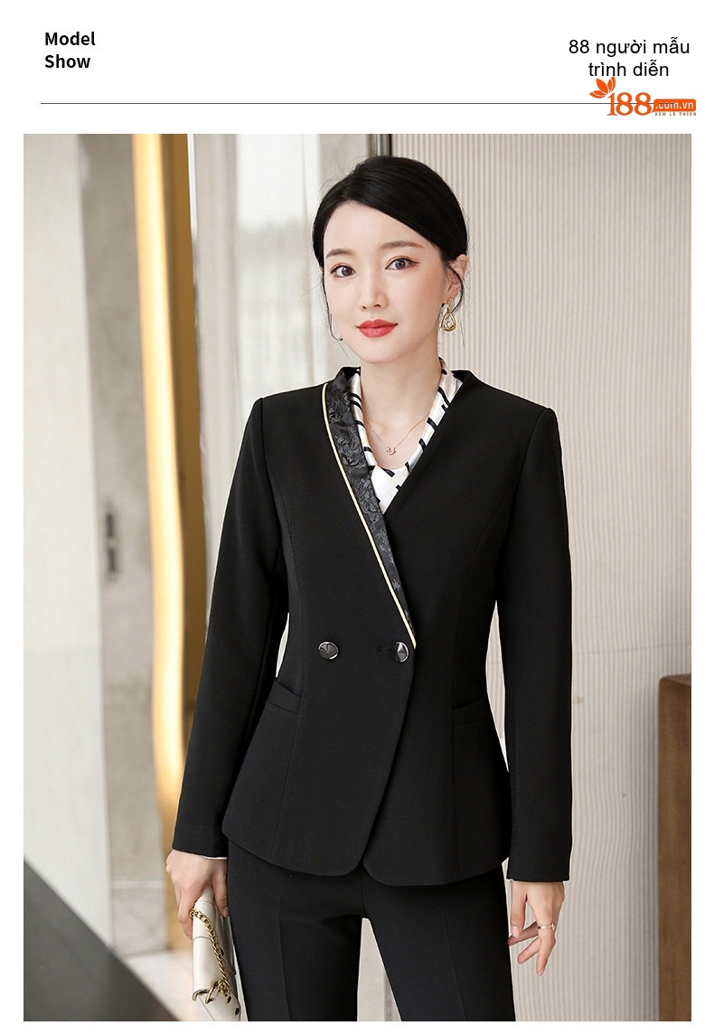 Bộ Vest Công Sở Nữ Quần Dài/Chân Váy Áo Blazer Thanh Lịch Màu Đen, Xanh Dương, Tím chi tiết 13