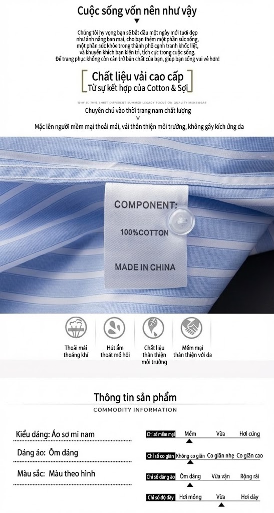 Áo Sơ Mi Nam Tay Ngắn Cotton Kẻ Sọc Xanh Trắng Thêu Ong Slim Fit chi tiết 4