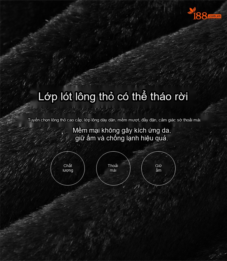 Áo Parka Nam Dáng Dài Lót Lông Thỏ Cổ Lông Lớn Màu Đen chi tiết 4