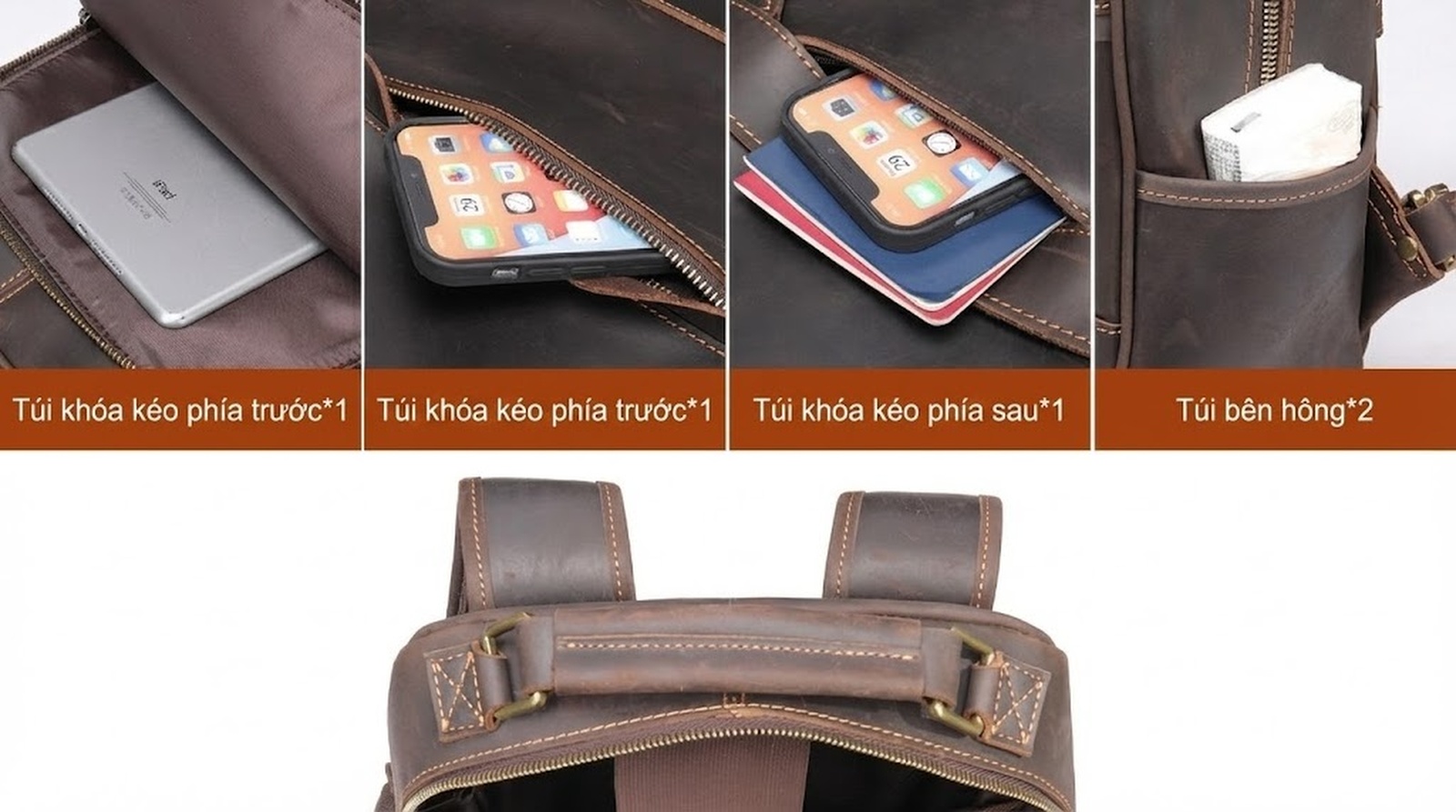 Balo Da Bò Sáp Crazy Horse Đựng Laptop Du Lịch Phong Cách Âu Mỹ Màu Nâu