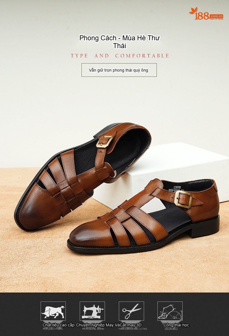Giày Sandal Rọ Nam Da Thật Phong Cách Retro Chiều Cao Đế Khoảng 2cm Màu Đen, Nâu chi tiết 1