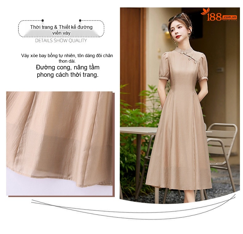 Váy Đầm Trung Hoa Cách Tân, Cổ Điển, Dáng Ôm Màu Tím, Xám, Xanh Lá chi tiết 7