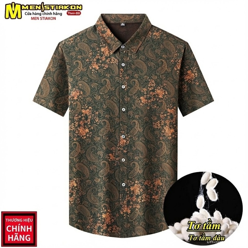 Áo Sơ Mi Nam Tay Ngắn Lụa Tơ Tằm Trung Niên Họa Tiết Màu Xanh Rêu, Nâu