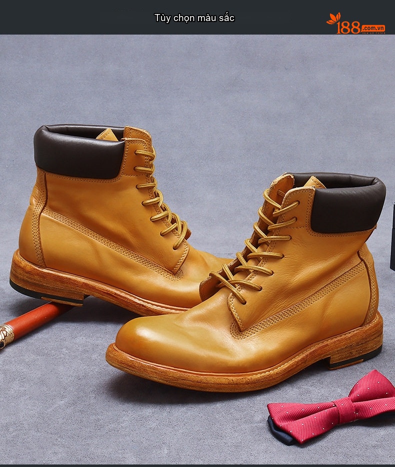 Giày Boot Martin Nam Da Bò Cao Cổ Đế Dày Thủ Công Goodyear Chiều Cao Đế Khoảng 3cm Màu Nâu chi tiết 2
