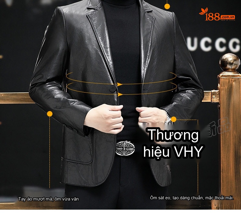 Áo Khoác Da Bò Nam Dáng Vest Tây Khóa Cài Phong Cách Hải Ninh Màu Đen chi tiết 11