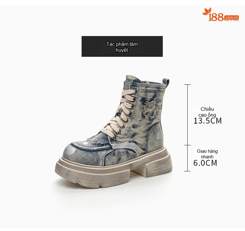 Boot Martin Nữ Vải Canvas Cao Cổ Chiều Cao Đế Khoảng 5cm Màu Xanh Jean, Kem chi tiết 4