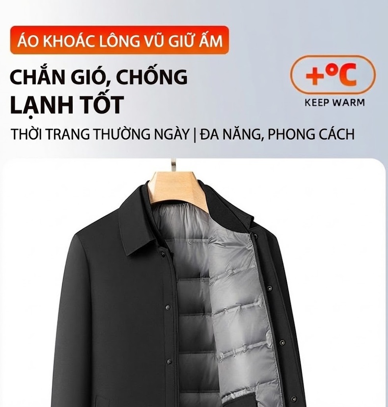 Áo Khoác Phao Nam Dáng Dài 90% Lông Vịt Trắng Tháo Rời Màu Đen, Xám chi tiết 1