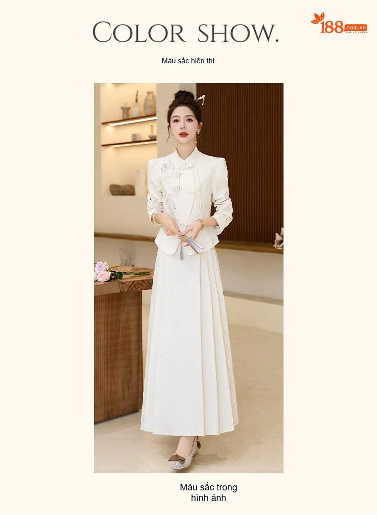 Set Áo và Chân Váy Mã Diện Nữ Phong Cách Trung Hoa Hiện Đại, Thiết Kế Sang Trọng Màu Kem chi tiết 12