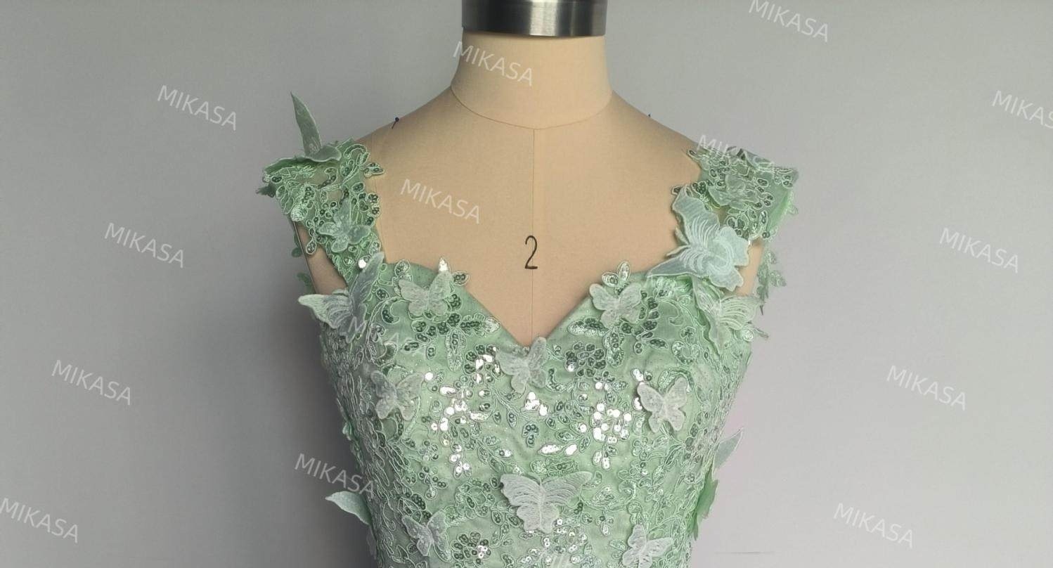 Váy Dự Tiệc dáng chữ A Hai Dây Cổ Yếm Đính Ren, Kim Sa Lấp Lánh Màu Xanh Mint, Tím, Trắng, Xám... chi tiết 12