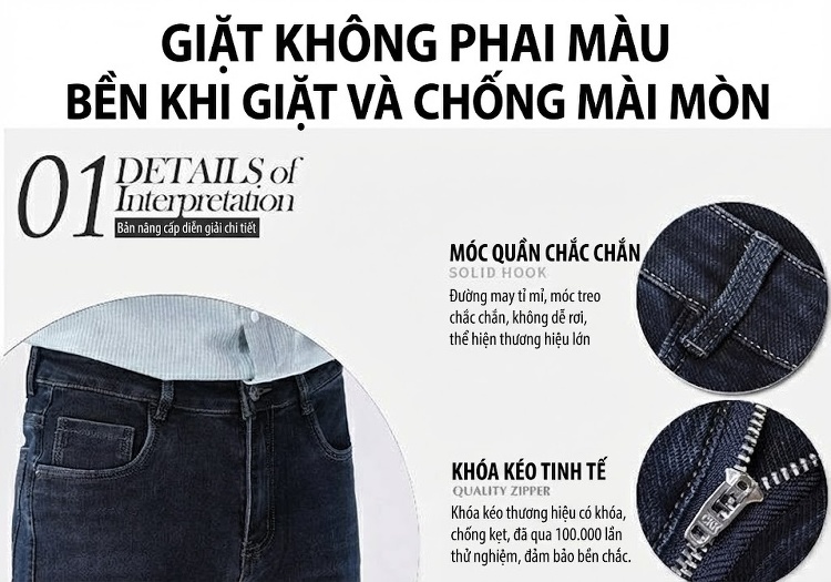 Quần Jean Nam Dáng Ôm Vừa Vặn Dài Phong Cách Trung Niên, Doanh Nhân, Thoải Mái, Co Giãn Màu Đen, Xanh Đậm chi tiết 33