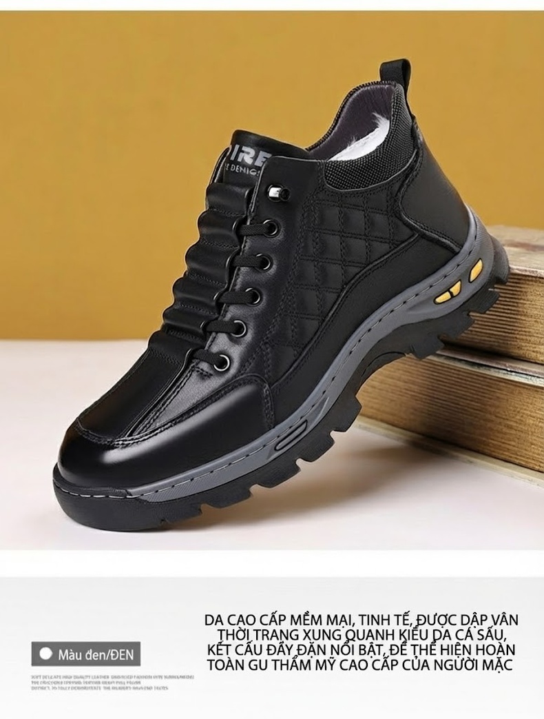 Giày Boot Nam Cao Cổ Lót Lông Cừu Giữ Ấm Chiều Cao Đế Khoảng 4cm Màu Đen chi tiết 28