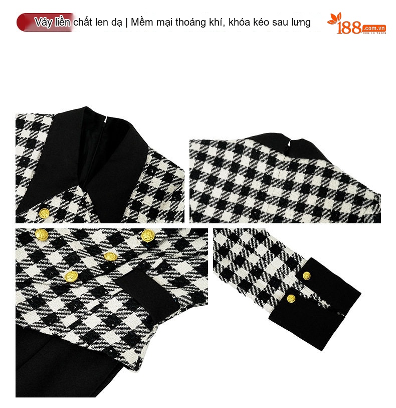 Váy Liền Thân Nữ Tiểu Thư Cổ Búp Bê Họa Tiết Kẻ Ô Chân Váy Đuôi Cá Màu Đen, Trắng chi tiết 4