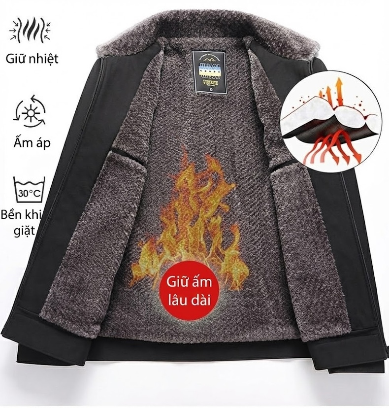 Áo Khoác Lót Lông Cổ Trụ Dày Dặn Chống Gió Cho Bố Màu Đen chi tiết 11
