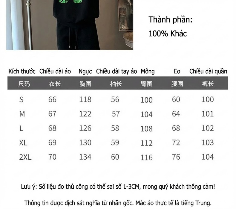 Bộ Đồ Nỉ Thu Đông Dài Tay Có In Hình Thời Trang Phong Cách Hàn Quốc Màu Đen chi tiết 2