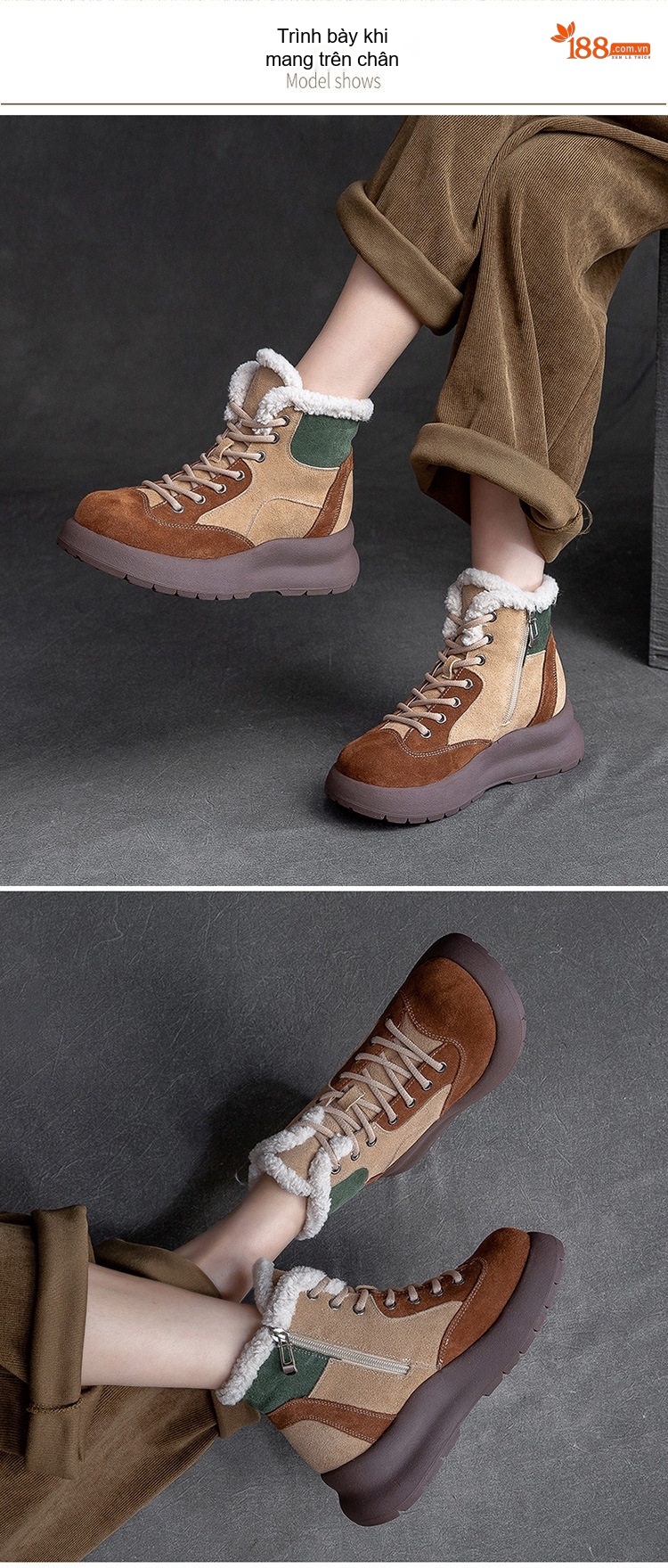 Boot Nữ Cổ Lông Đế Dày Phối Màu Chiều Cao Đế Khoảng 5cm Màu Nâu, Be, Xanh Lá chi tiết 7