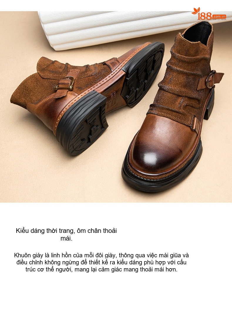 Boot Martin Nam Da Bò Cổ Lửng Phong Cách Mỹ Retro Chiều Cao Đế Khoảng 4cm Màu Đen, Nâu chi tiết 3