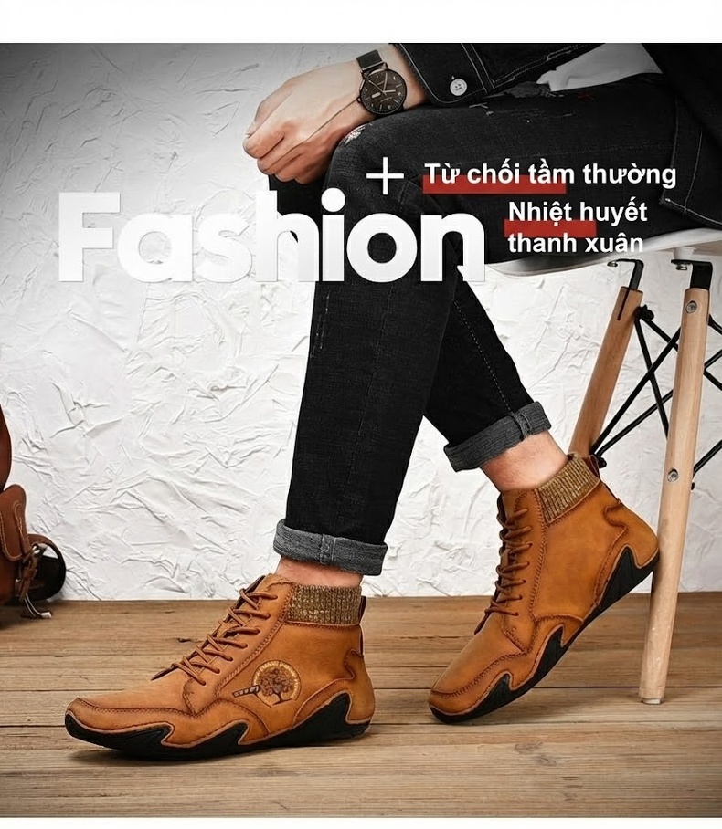 Giày Boot Martin Nam Cổ Lửng Da Mờ Chiều Cao Đế Khoảng 3cm Màu Xanh, Nâu chi tiết 7