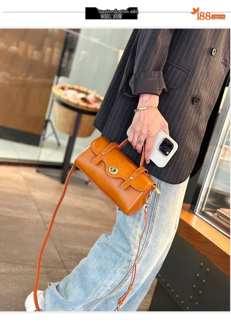 Túi Đeo Chéo Nữ Da Bò Mini Cầm Tay Retro Màu Nâu, Kem chi tiết 14