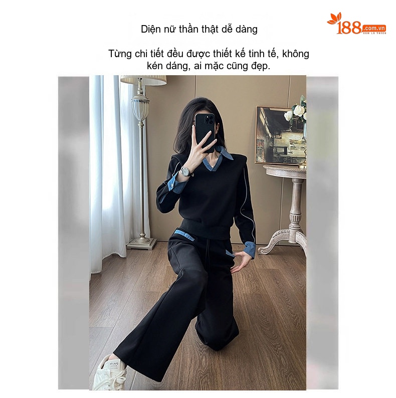 Bộ đồ nữ thu đông áo tay dài quần ống rộng phong cách thể thao chi tiết 1