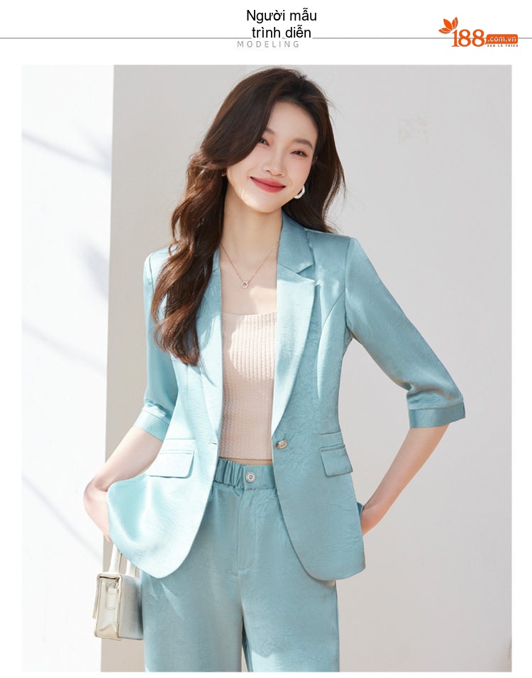 Bộ Vest Nữ Áo Blazer Tay Lỡ Quần Ống Rộng Chất Acetate Satin Phong Cách Công Sở Màu Đen, Trắng Kem, Xanh... chi tiết 10