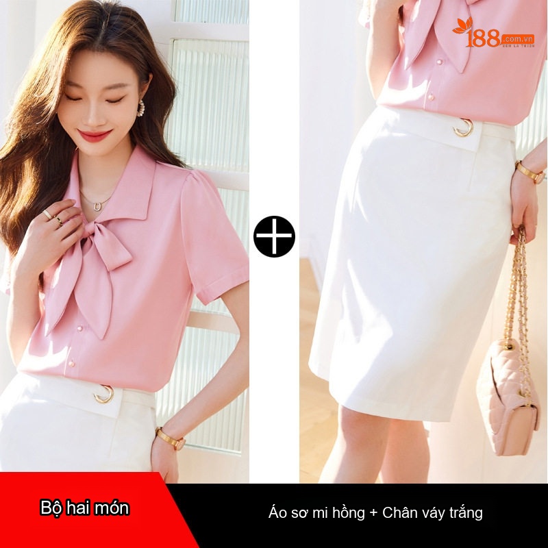 Áo Sơ Mi Tay Ngắn Nữ Cổ Nơ Chất Liệu Tuyết Chiffon Màu Hồng, Trắng