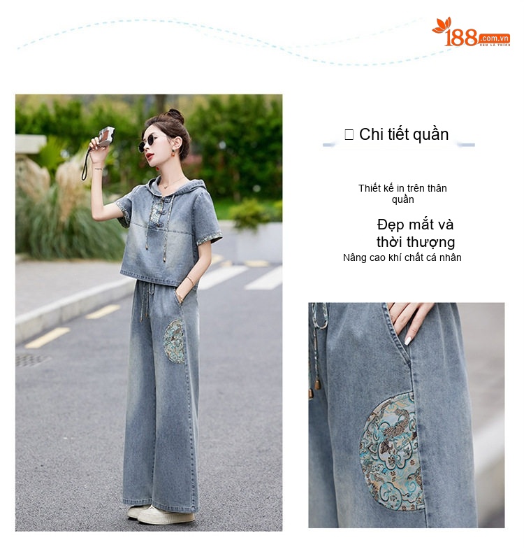 Bộ Quần Áo Nữ Thiết Kế Thêu Hoa Cao Cấp, Áo Hoodie Quần Ống Rộng Phong Cách Trung Hoa Màu Xanh Denim chi tiết 7