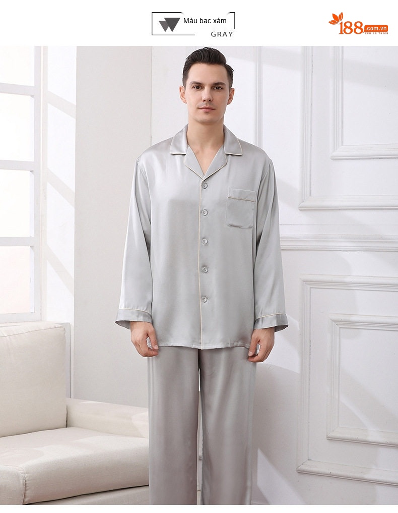Bộ Đồ Ngủ Lụa Tơ Tằm Dài Tay Nam 100%桑蚕丝 Mùa Xuân Hè Màu Xanh Navy, Vàng Be, Xám, Đỏ chi tiết 16