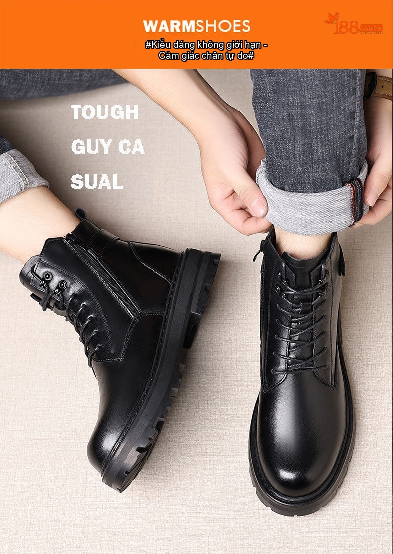 Boot Martin Nam Da Bò Lót Lông Cừu Chiều Cao Đế Khoảng 4cm Màu Đen chi tiết 2