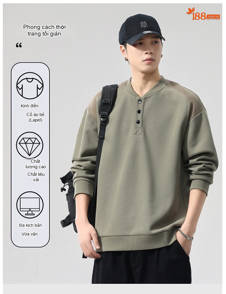 Áo Sweatshirt Tay Dài Cổ Henley Phong Cách Retro Mỹ Form Rộng Màu Đen, Xanh Olive, Đỏ Tía chi tiết 7