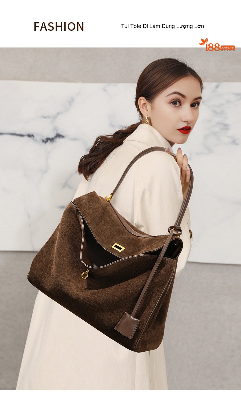 Túi Tote Nữ Da Bò Mờ Rodeo Kelly, Túi Đeo Vai, Túi Xách Tay Sức Chứa Lớn Màu Nâu chi tiết 2