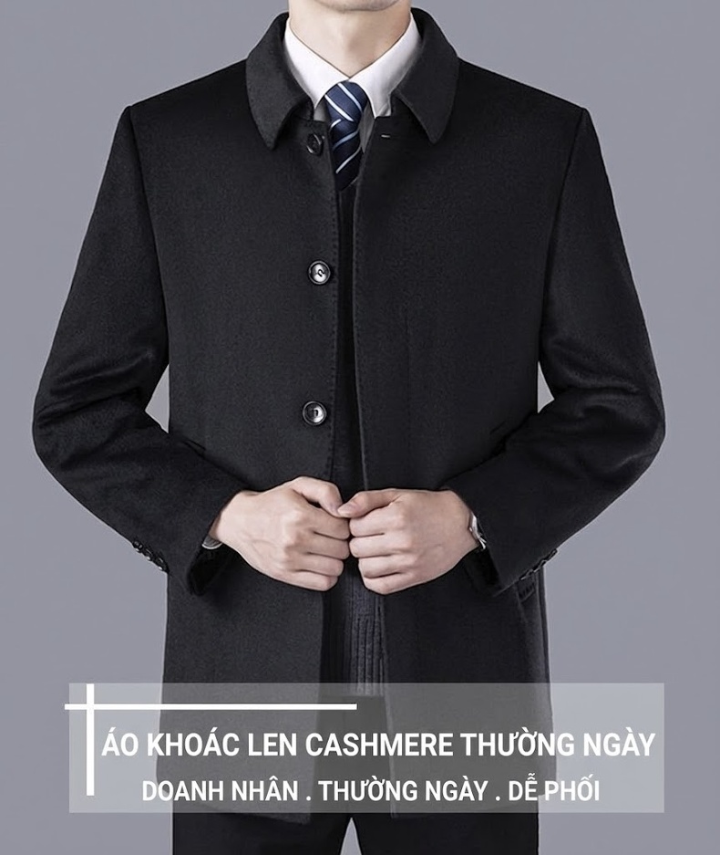Áo Khoác Dạ Nam Trung Niên Dáng Dài Chất Liệu Lông Cừu Màu Đen chi tiết 1