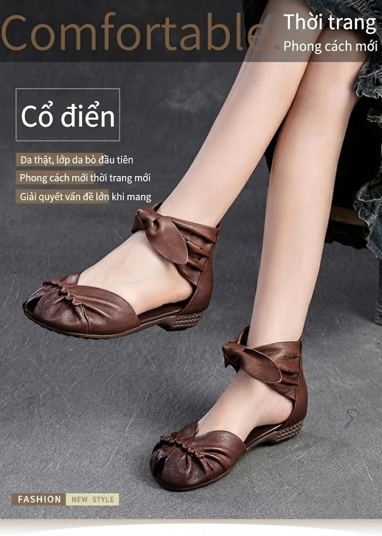 Dép Sandal Nữ Hở Mũi Quai Cổ Chân Da Mềm Đế Cao 3cm - 4cm Màu Đen, Nâu chi tiết 1