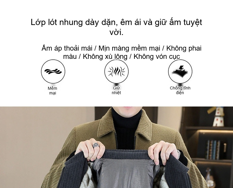 Áo Khoác Nam Dệt Kim Nhung Sherpa Dày Dặn Cổ Bẻ Màu Đen, Xanh Olive chi tiết 6