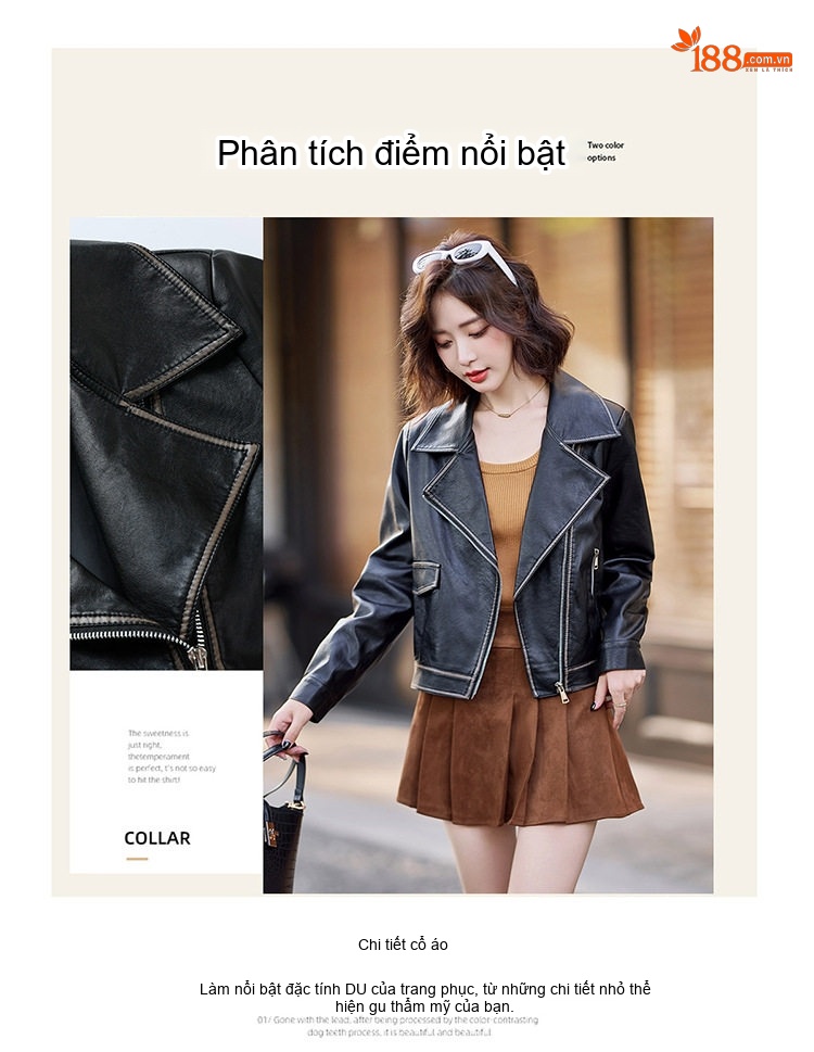 Áo Khoác Da Nữ Dáng Ngắn Phong Cách Moto Thời Trang Màu Đen, Nâu chi tiết 11