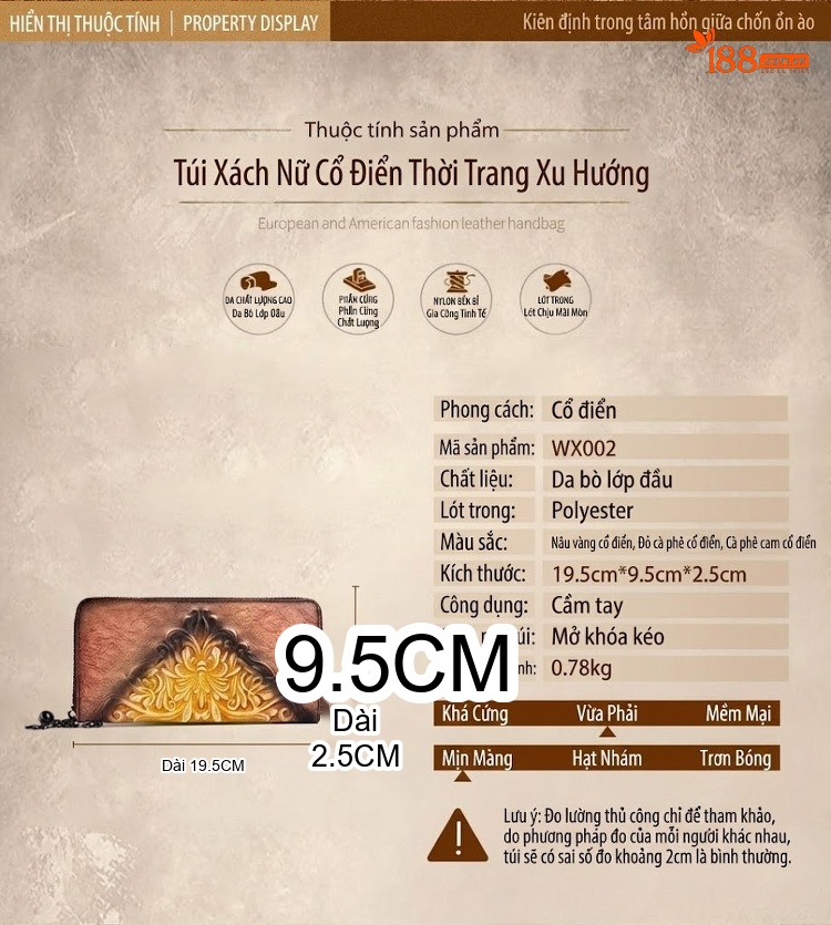 Ví Nữ Da Bò Dập Hoa Văn Cổ Điển Nhiều Ngăn Đựng Thẻ Tiện Lợi Màu Nâu, Đỏ, Vàng chi tiết 12