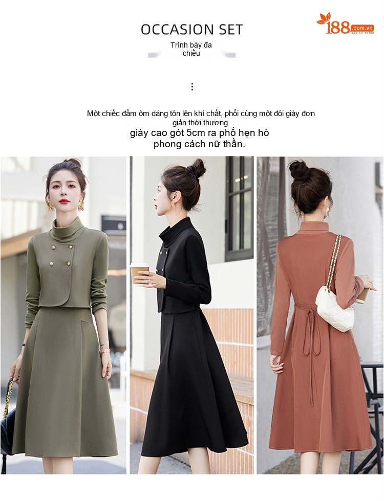 Váy Liền Thân Nữ Thiết Kế Giả Hai Lớp dáng chữ A Sang Trọng Màu Nâu, Đen, Xanh Olive chi tiết 4