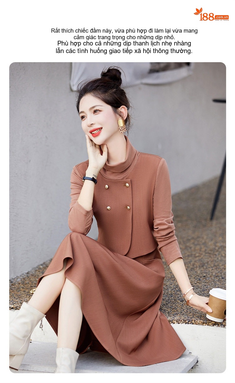 Váy Liền Thân Nữ Thiết Kế Giả Hai Lớp dáng chữ A Sang Trọng Màu Nâu, Đen, Xanh Olive chi tiết 5
