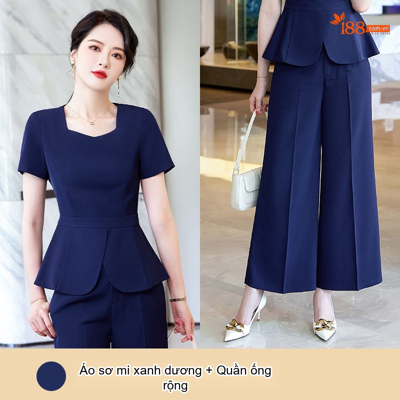 Bộ Set Áo Peplum Quần Ống Rộng Công Sở Thanh Lịch Màu Đen, Xanh Navy