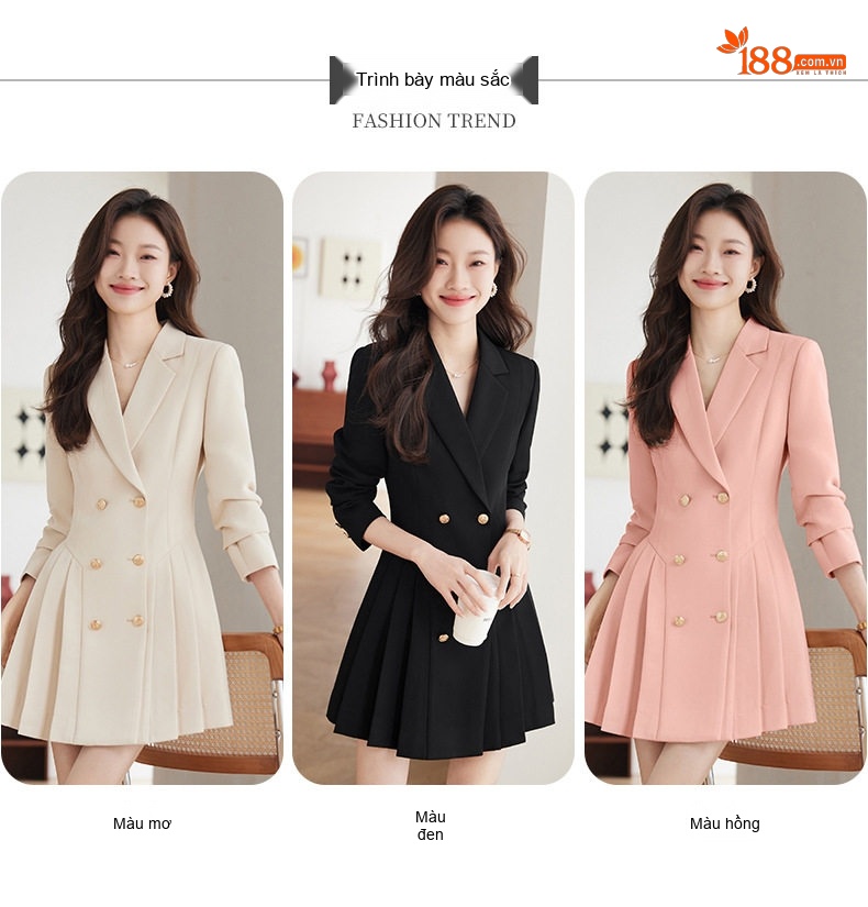 Váy Đầm Công Sở Nữ Dáng Vest Xếp Ly Cao Cấp Màu Đen, Hồng, Kem chi tiết 11