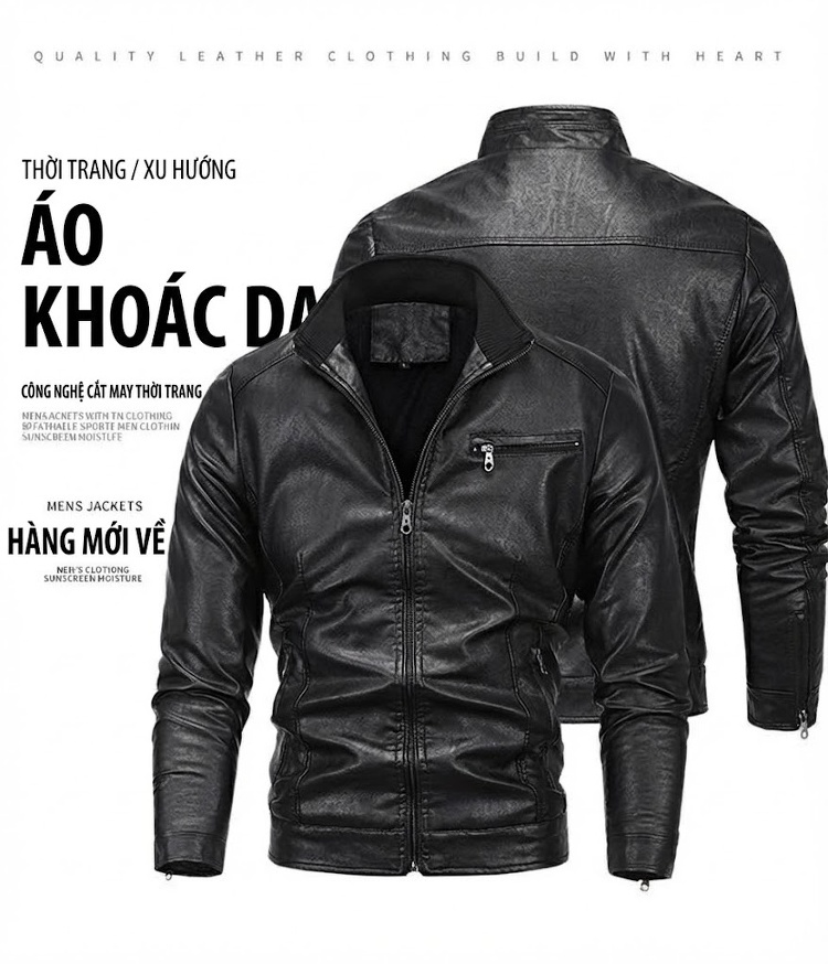 Áo Khoác Da PU Nam Lót Lông Cừu Kiểu Motor Màu Đen, Xanh Lá, Nâu, Xanh Dương... chi tiết 1