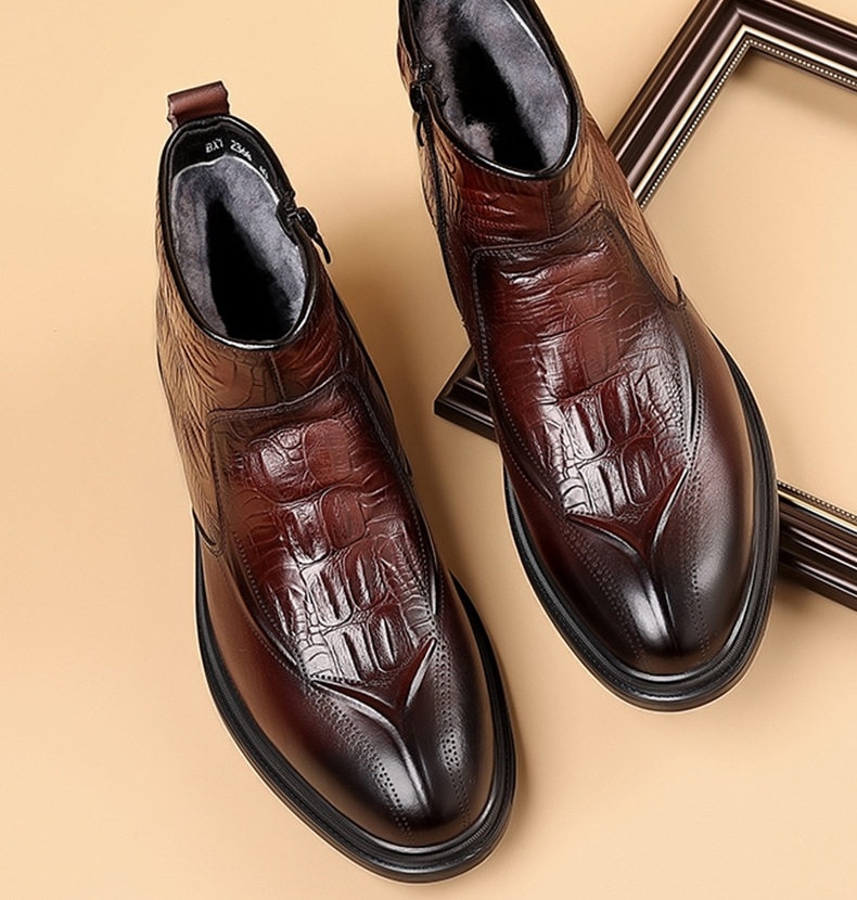 Boot Nam Da Bò Lót Lông Cừu Giữ Ấm Mùa Đông Chiều Cao Đế Khoảng 3cm Màu Đen, Nâu chi tiết 3