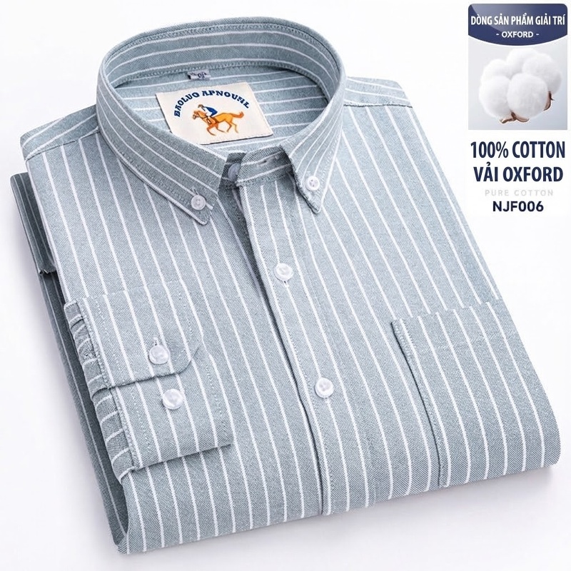 Áo Sơ Mi Nam Tay Dài Oxford Cotton Thoáng Khí Họa Tiết Kẻ Sọc Lớn Màu Xanh Dương, Đen, Trắng, Xám...