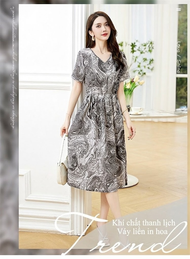 Váy liền thân Nữ In Họa Tiết Cổ chữ V, dáng chữ A, Eo Điều Chỉnh Được, Mềm Mại Thoải Mái Màu Xám, Xanh chi tiết 1